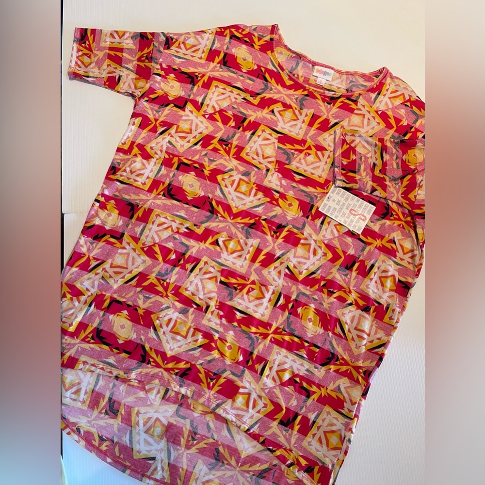 LuLaRoe Irma High/low Pink and Yellow Geometric Top
